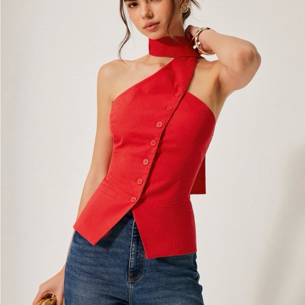 Asymmetric One-Shoulder Red Button-Front Top